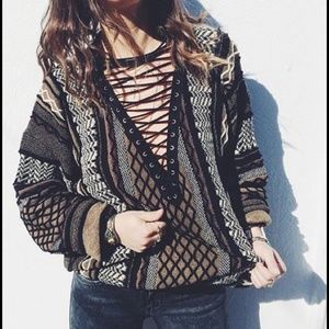 LF Furst Of A Kind Lace Up Chevron Print Sweater Size M